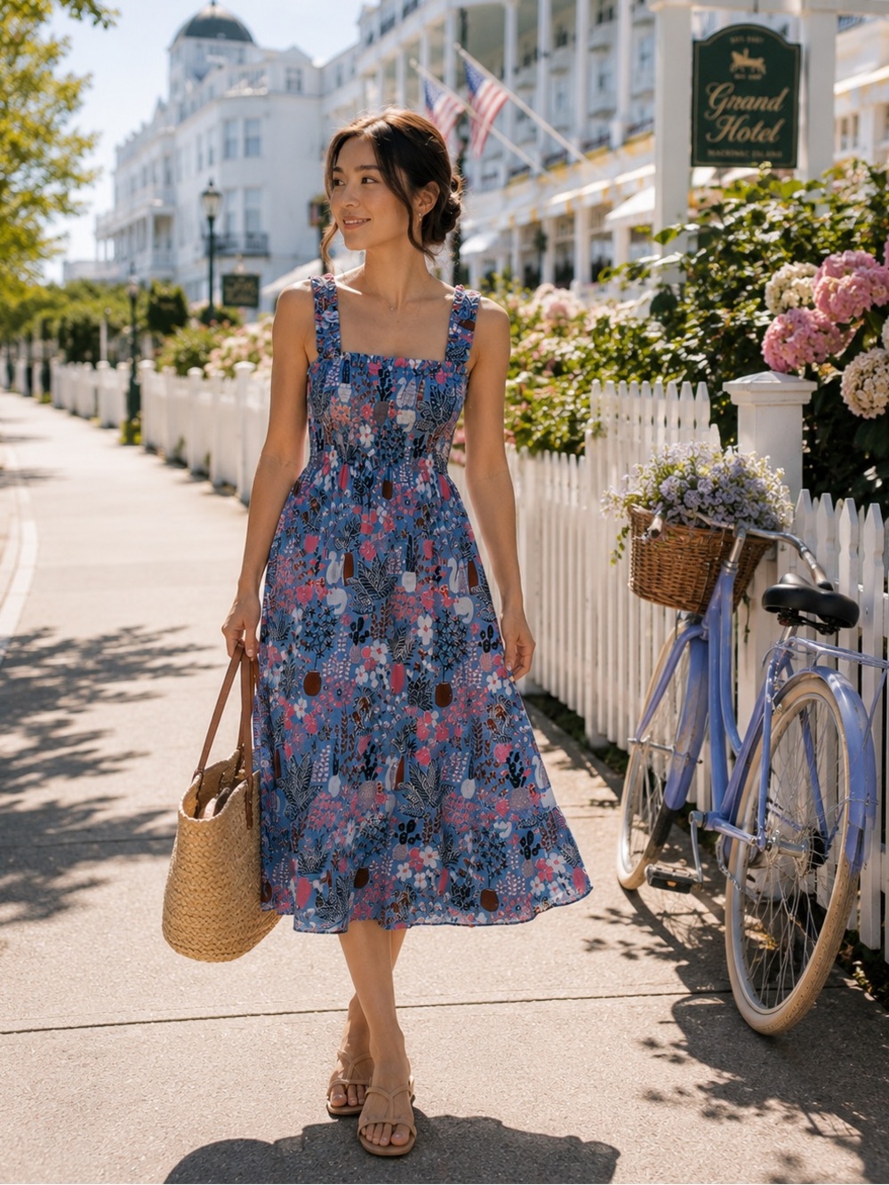 Kate Spade “Garden Posy” Blue Cactus Smocked Midi Dress - Small